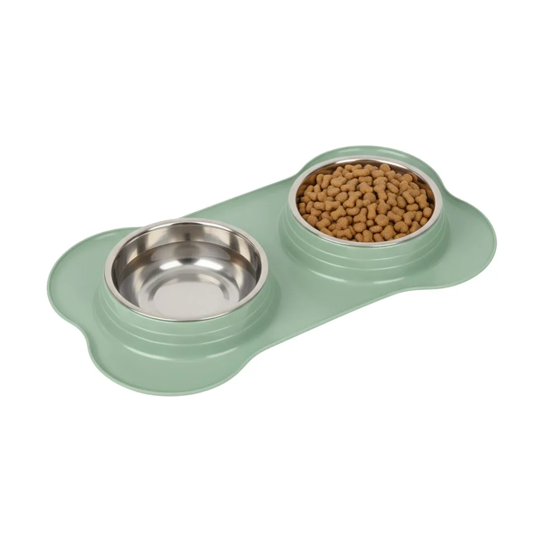 Comedero Doble + Bowl en Acero Inoxidable Verde Oliva Kanu Pet para Perros